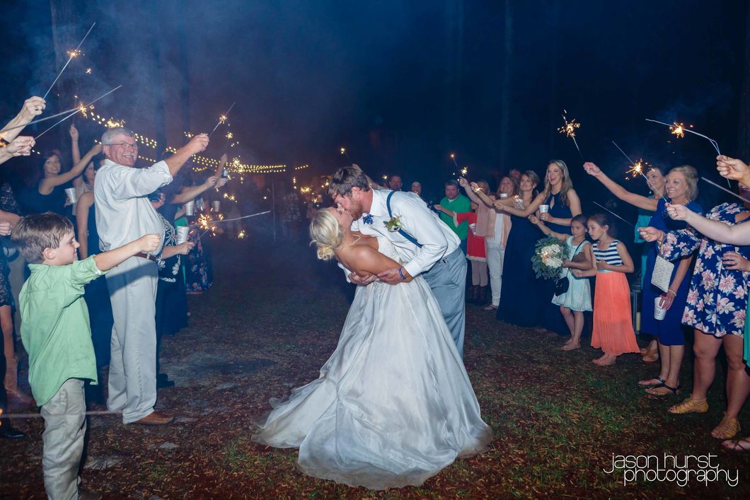 Bride and groom kiss during a sparkler send-off